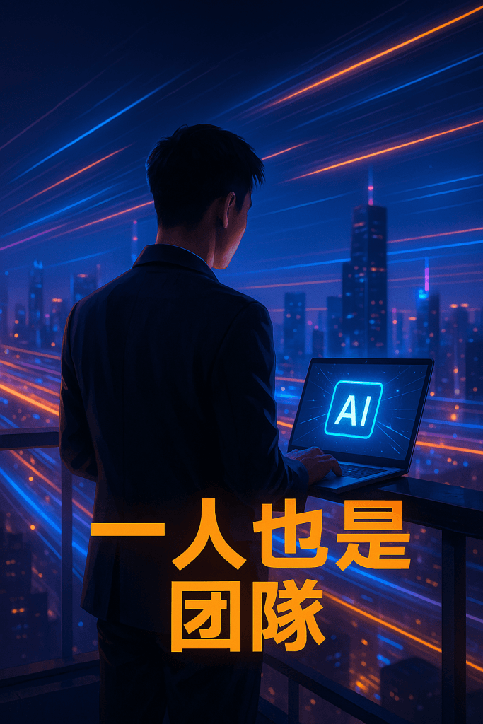 一位創業者站在夜景中,以 AI 工具象徵的光軌圍繞,代表 AI 讓個人擁有團隊般力量