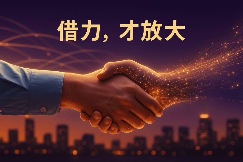 創業者與AI握手象徵借力合作放大成果的場景