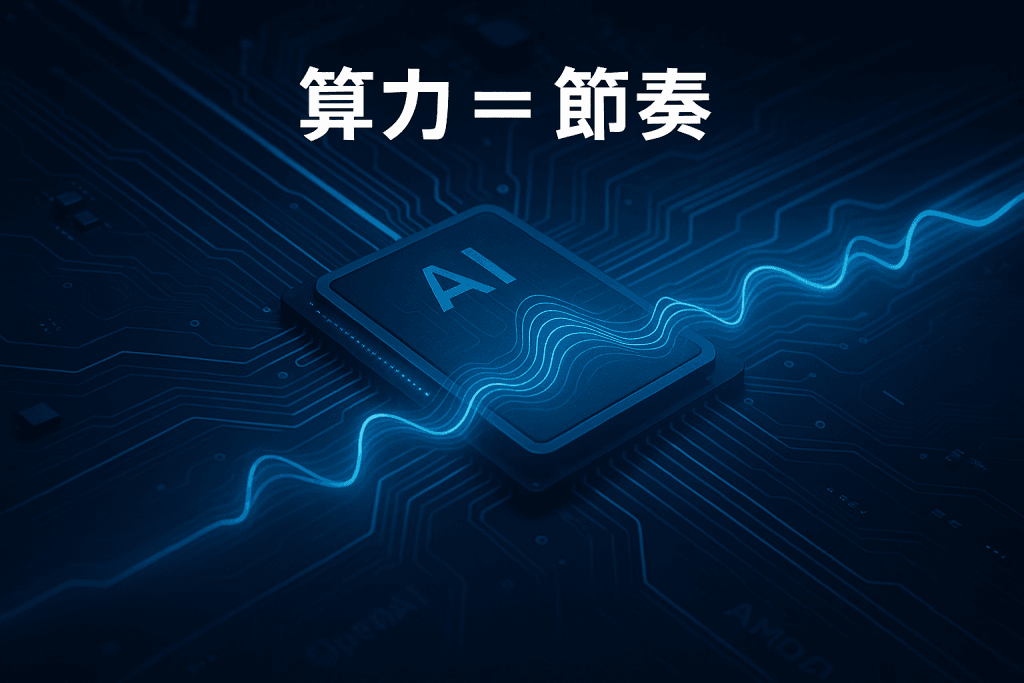 抽象化AI晶片與節奏波紋融合,象徵算力等於節奏的未來概念