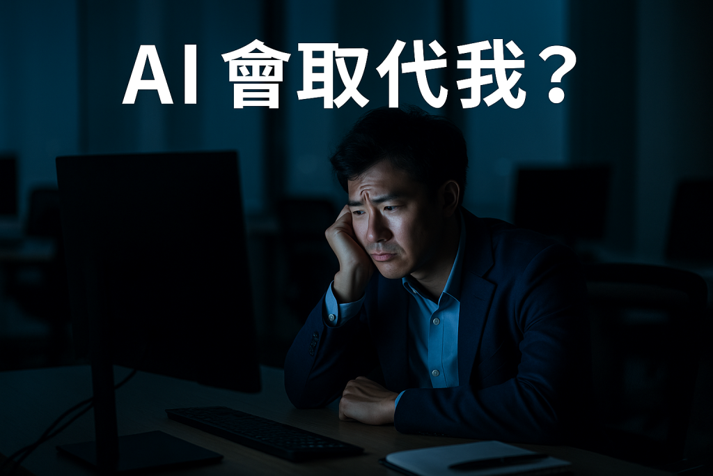 焦慮的上班族盯著電腦螢幕,思考是否被AI取代