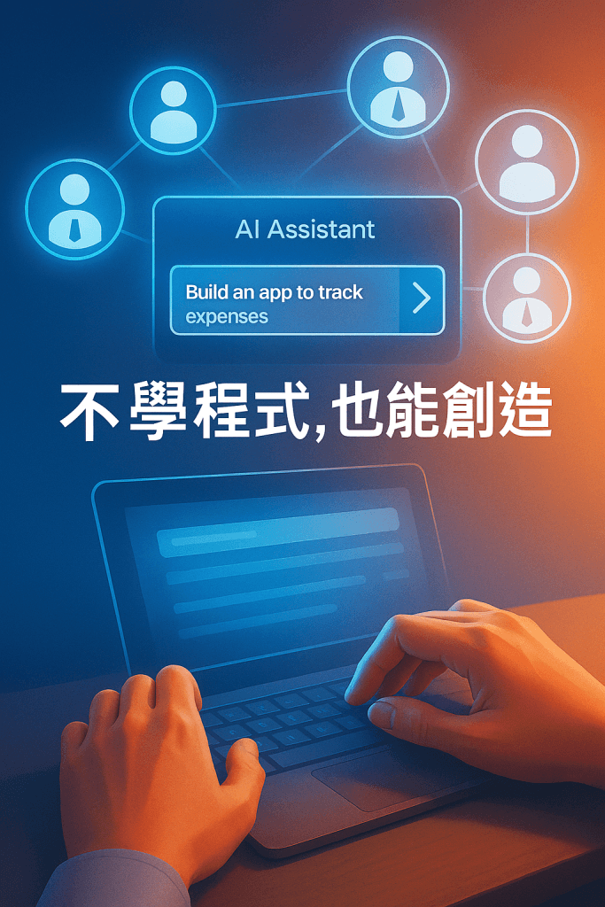 一雙手操作 AI 介面，螢幕上浮現多個合作中的 AI 圖示，象徵非技術者也能用 AI 創造產品