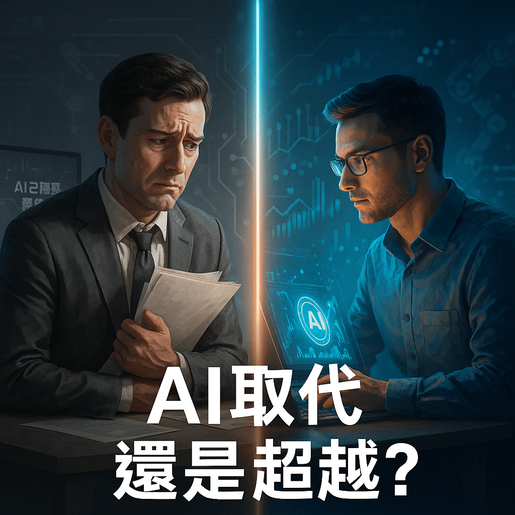 一位焦慮上班族與一位自信創業者對比，象徵AI時代的取代與超越抉擇