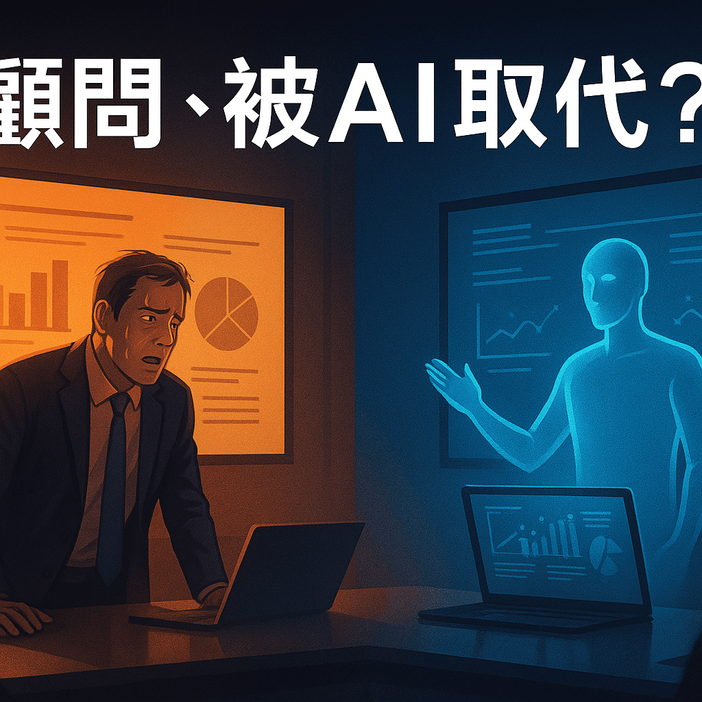 AI 投影在會議室中發言,傳統顧問驚訝地看著螢幕,象徵 AI 取代舊顧問模式。