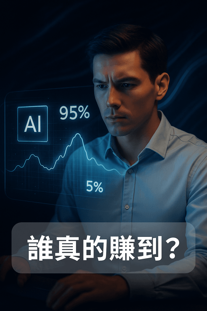 亞洲男性創業者凝視AI數據界面,畫面顯示95%企業未從AI獲利、僅5%成功的強烈對比,呈現AI商業思維與價值落差
