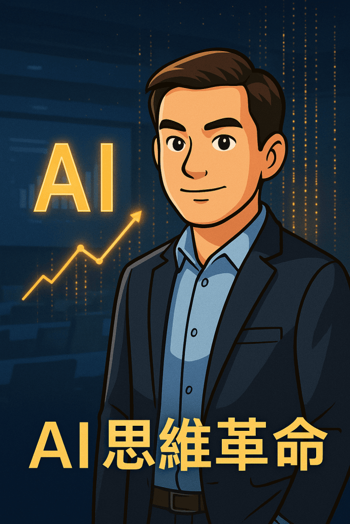 鄭錦聰站在充滿數據與光影的背景前,象徵 AI 思維革命與企業轉型的覺醒瞬間