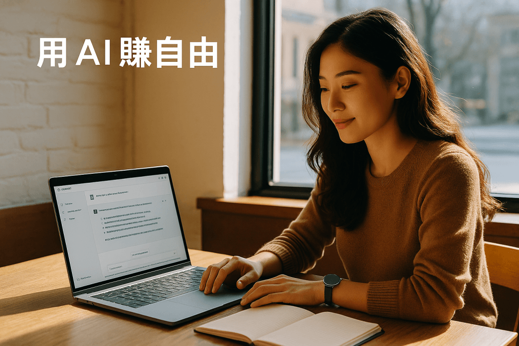 自由工作者在咖啡廳用筆電操作 AI,神情自信,象徵用 AI 追求自由與成果。