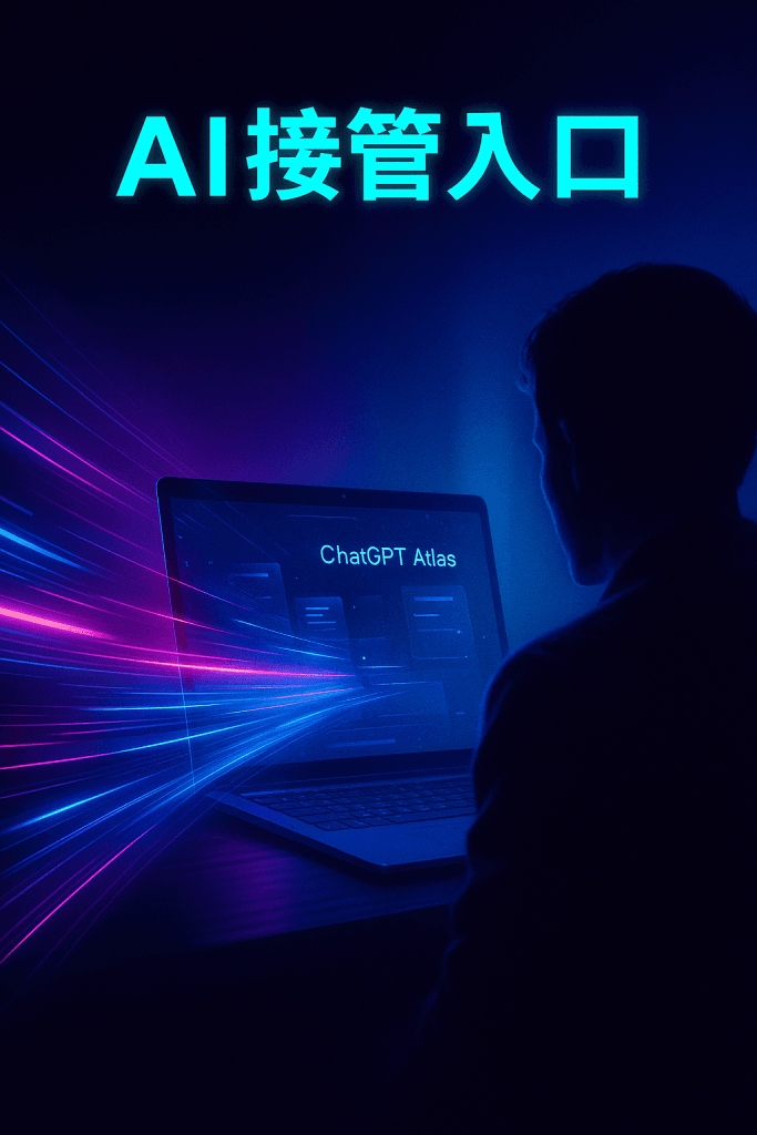 未來感筆電螢幕上展現 ChatGPT Atlas 瀏覽器的光影介面，象徵 AI 正重新定義網路入口與商業機會