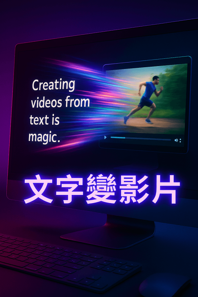 文字在螢幕上流動轉化為影片,文字顯示「文字變影片」