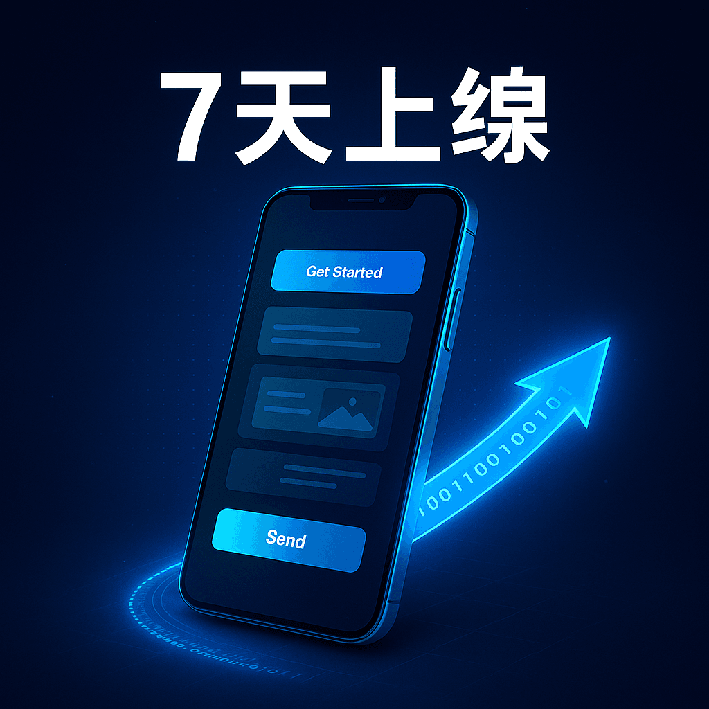 手機介面化的對話式工作台,霓虹資料流指向上方,象徵用 AI 在 7 天內上線專業 App
