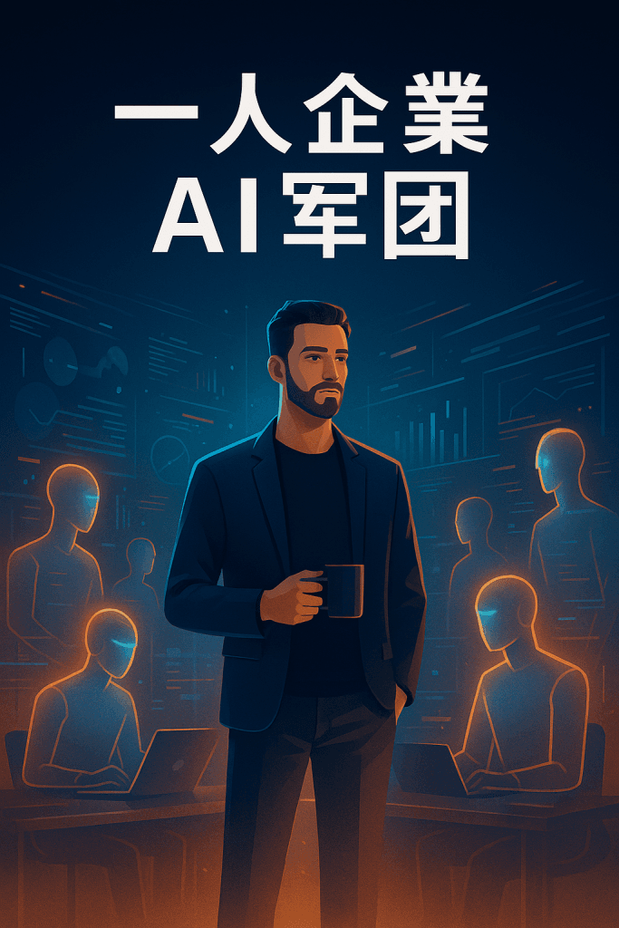 一位創業者被多個 AI 虛擬助理包圍,在充滿科技感的工作室中協作的畫面