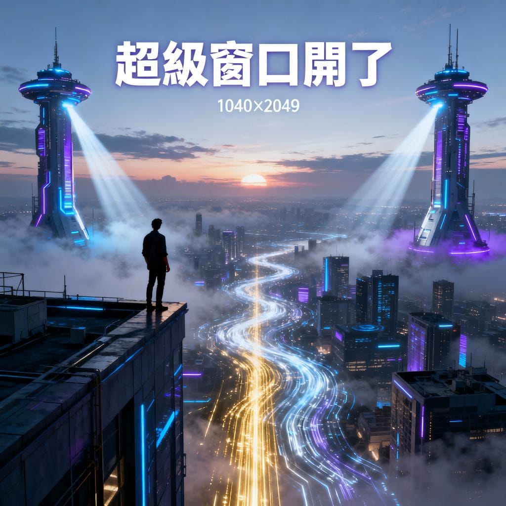 一名個體戶站在未來城市高塔前，俯瞰由 Gemini 3 與 OpenAI 基建點亮的城市光束，象徵 AI 超級窗口開啟