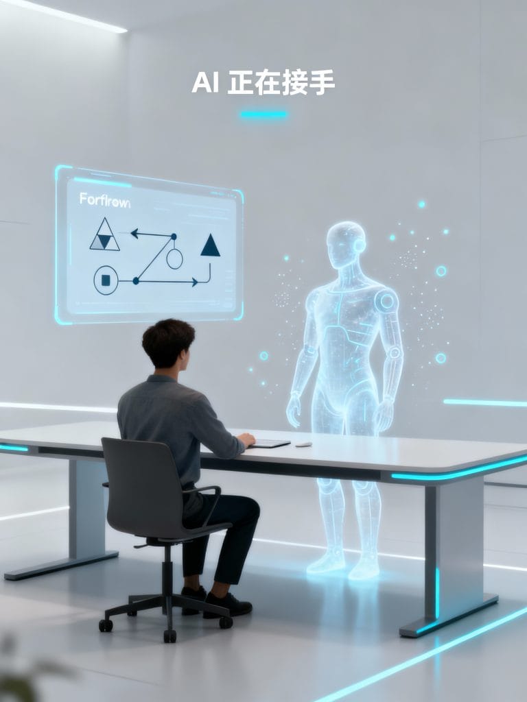 AI 虛擬同事與人類一起操作工作流程的未來場景海報