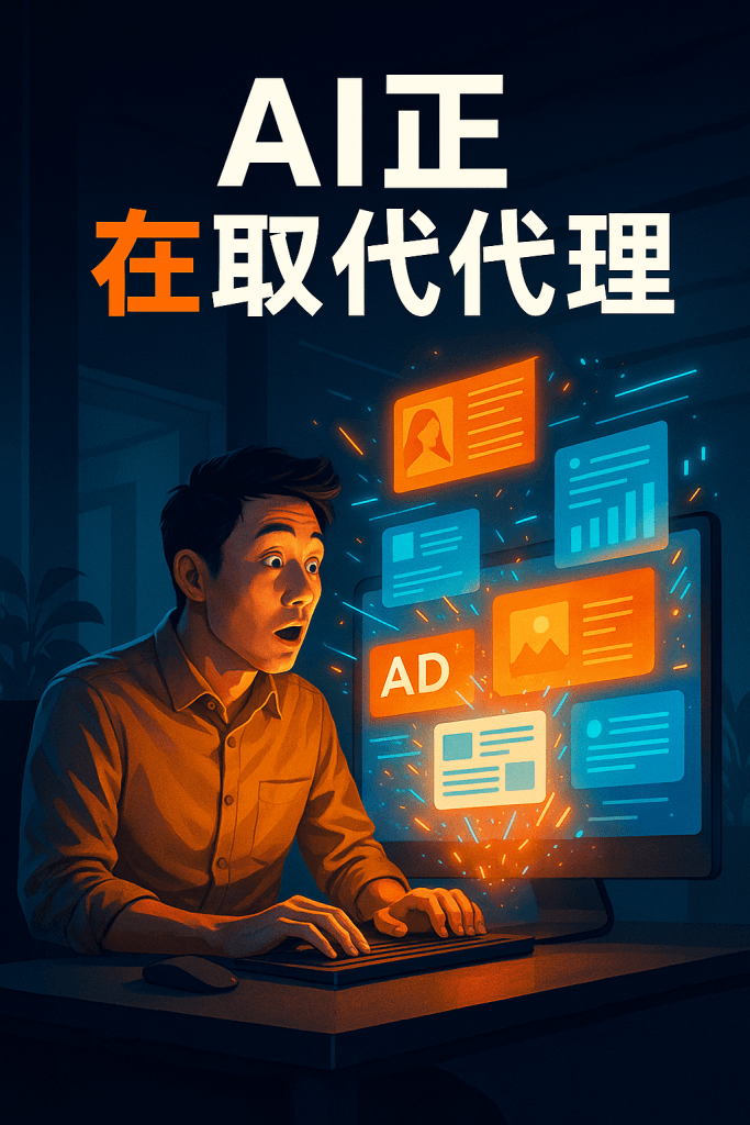 一位創業者驚訝地看著螢幕，螢幕中AI自動生成廣告與文案素材，象徵AI取代行銷代理的時代來臨