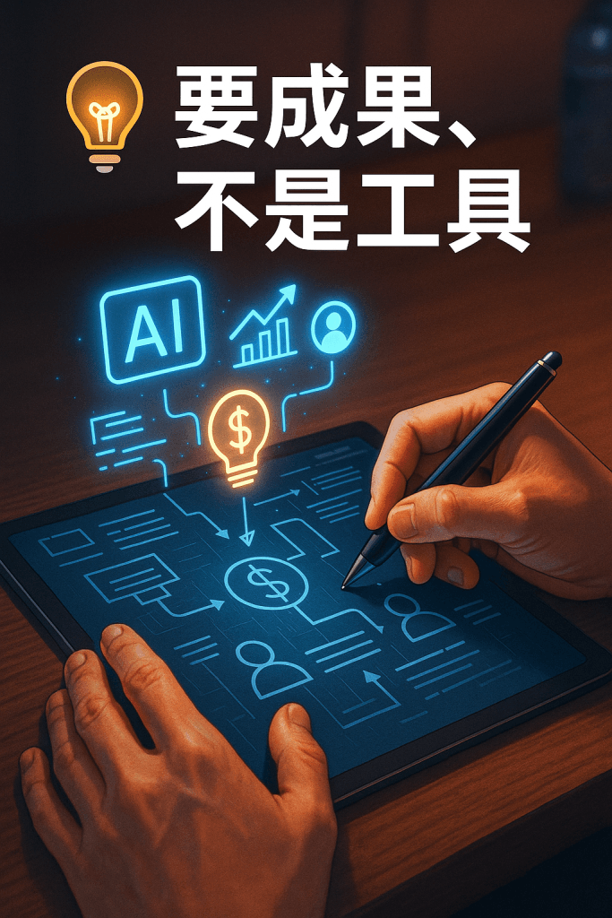 畫面呈現AI圖示轉化成金流與顧客象徵，表達創業者應專注成果而非工具