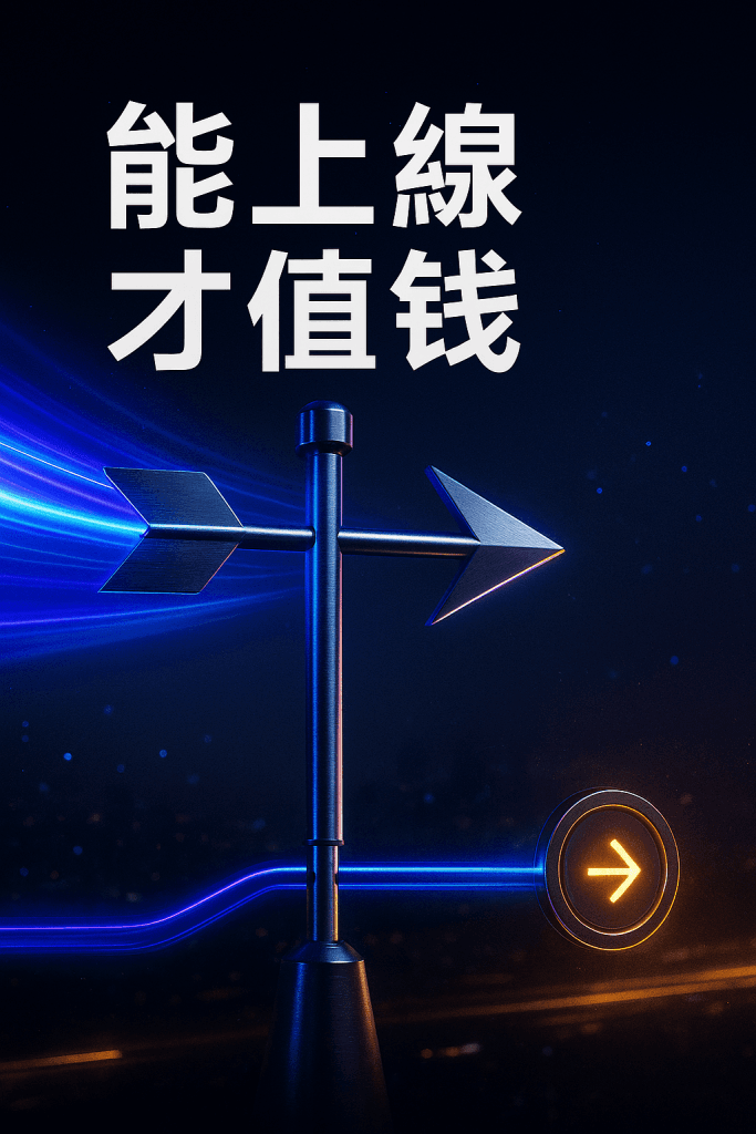 金屬風向標在霓虹藍紫風流中指向前方,流程管線點亮「上線」開關,象徵資本轉向能立即上線的 AI 方案