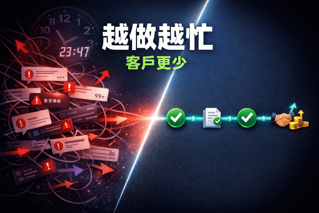 「左右對比的AI主題封面：左側通知與線條混亂象徵越自動越忙，右側清晰流程與勾選象徵用驗收尺校準後走向穩定成交，文字寫著『越做越忙／客戶更少／先立驗收尺』。」