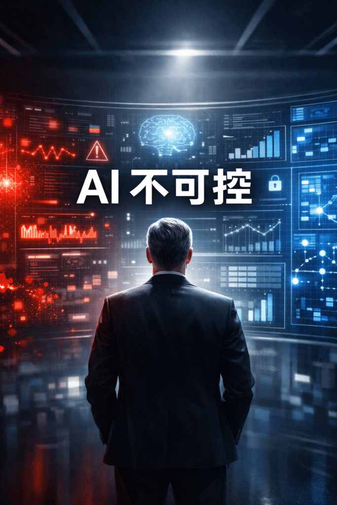 AI 商業決策中不可控風險與可控結果的對比視覺，強調企業在導入 AI 時對責任與交付的思考