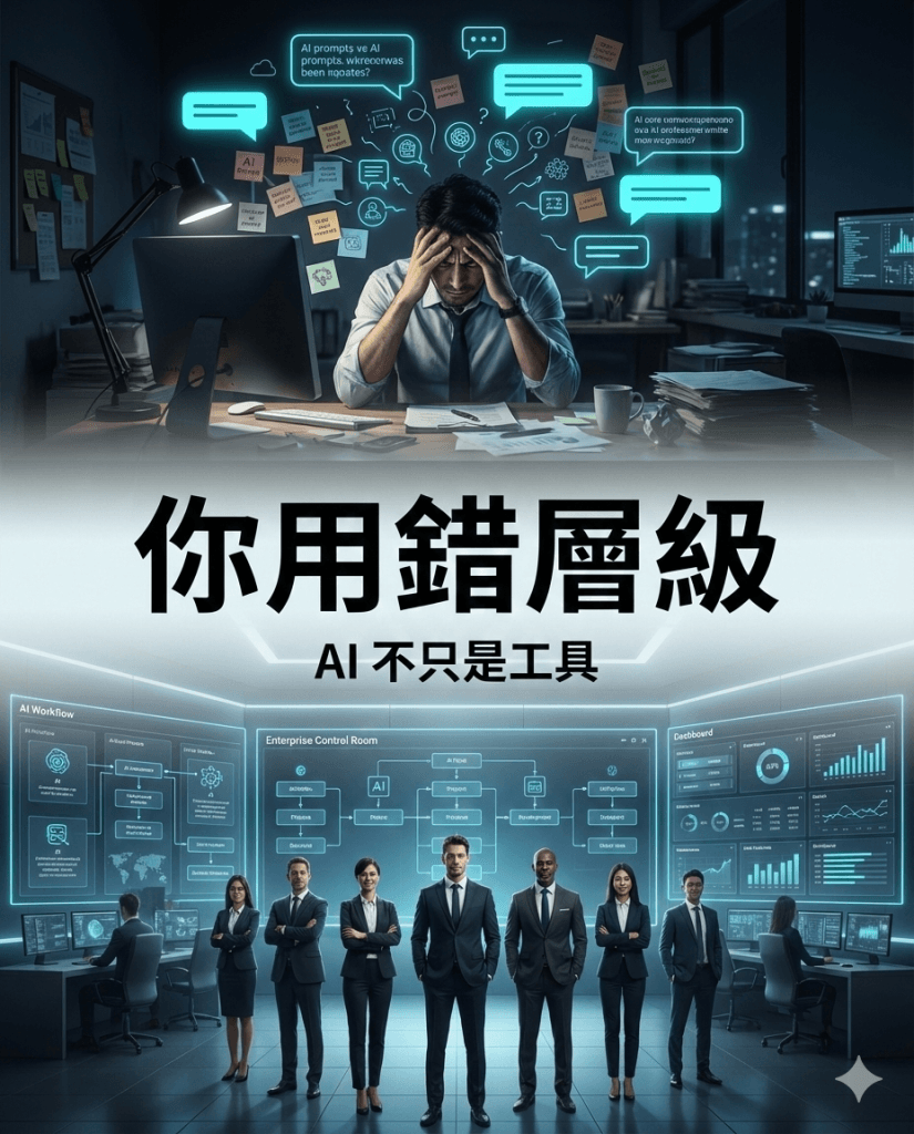 企業與個人使用 AI 層級差異的對比視覺,呈現混亂使用工具與系統化 AI 營運的覺醒瞬間