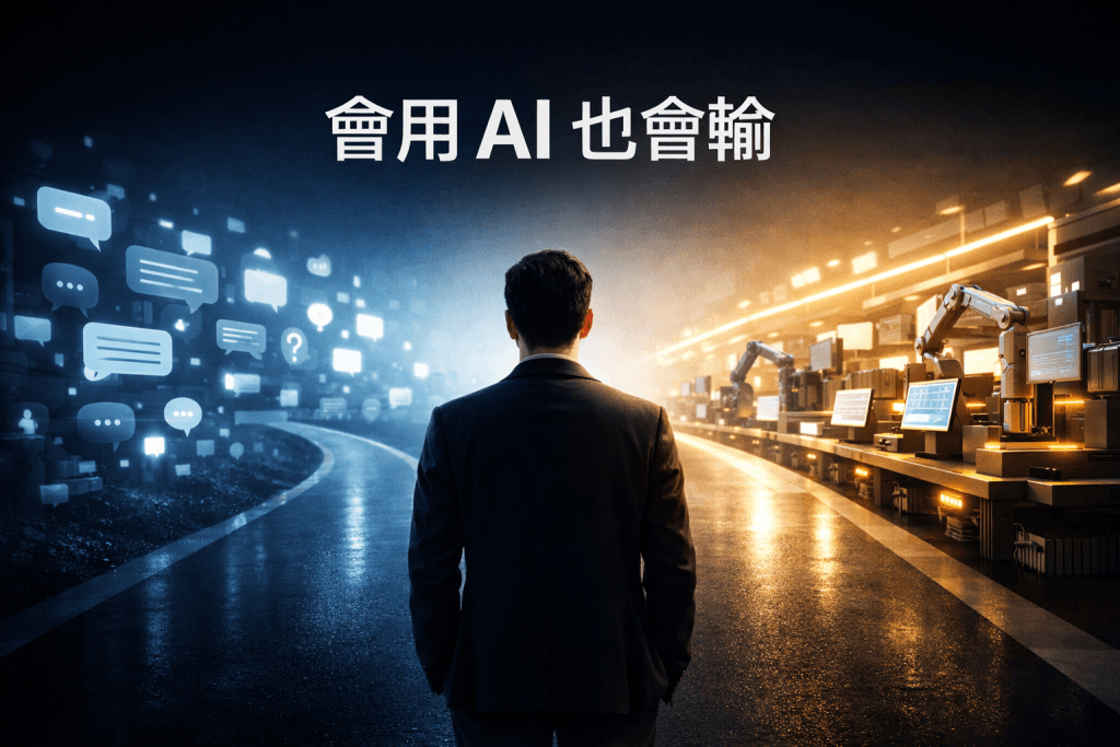 2026年AI趨勢示意圖，對比只會用AI工具與建立AI系統的創業者差異