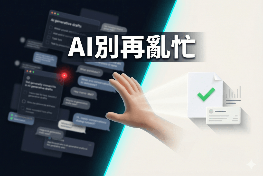 左右對比海報:左側深色混亂的AI草稿視窗與通知點,右側明亮完成的交付文件,一隻手把混亂推開拉出完成文件,文字「AI別再亂忙」