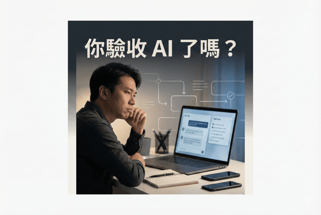 創業者使用 AI 卻缺乏成果驗收的情境視覺,強調 AI 成功關鍵在於驗收與交付