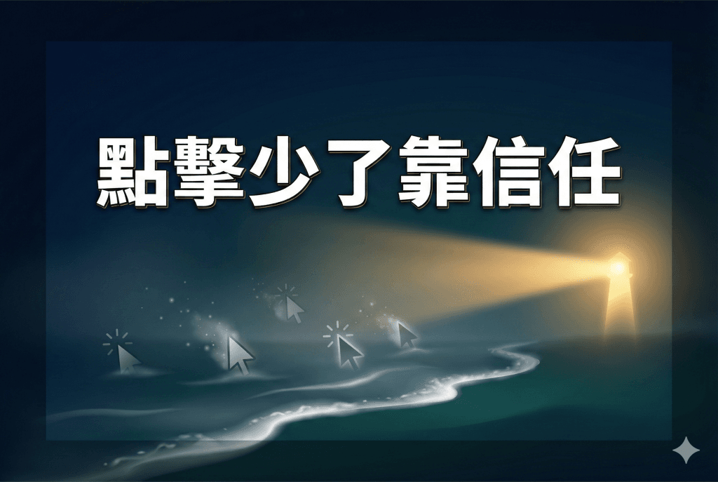深藍退潮海面與淡出的點擊游標圖示,右側暖金光象徵信任,上方白字寫著『點擊少了靠信任