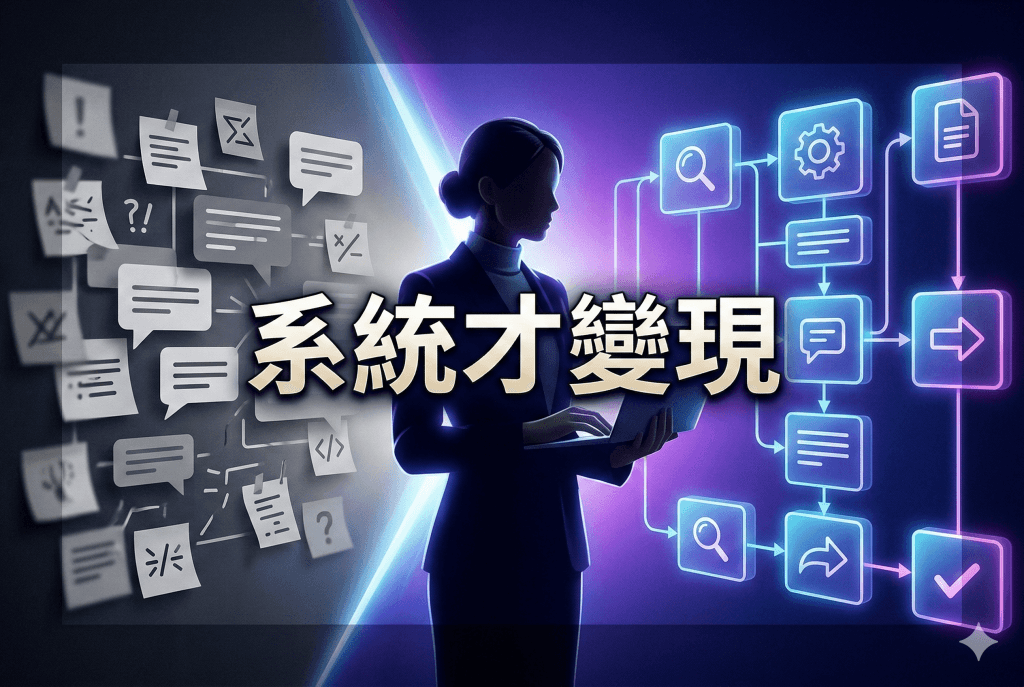 左右對比的科技封面圖:左側混亂訊息與碎片化符號,右側發光模組化工作流,中央剪影人物在設計系統,文字『系統才變現』