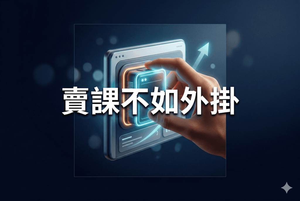 一隻手把發光的 AI 外掛模組插入商業儀表板，畫面中央文字『賣課不如外掛』，呈現用 AI 把專業做成可交付成果的概念。