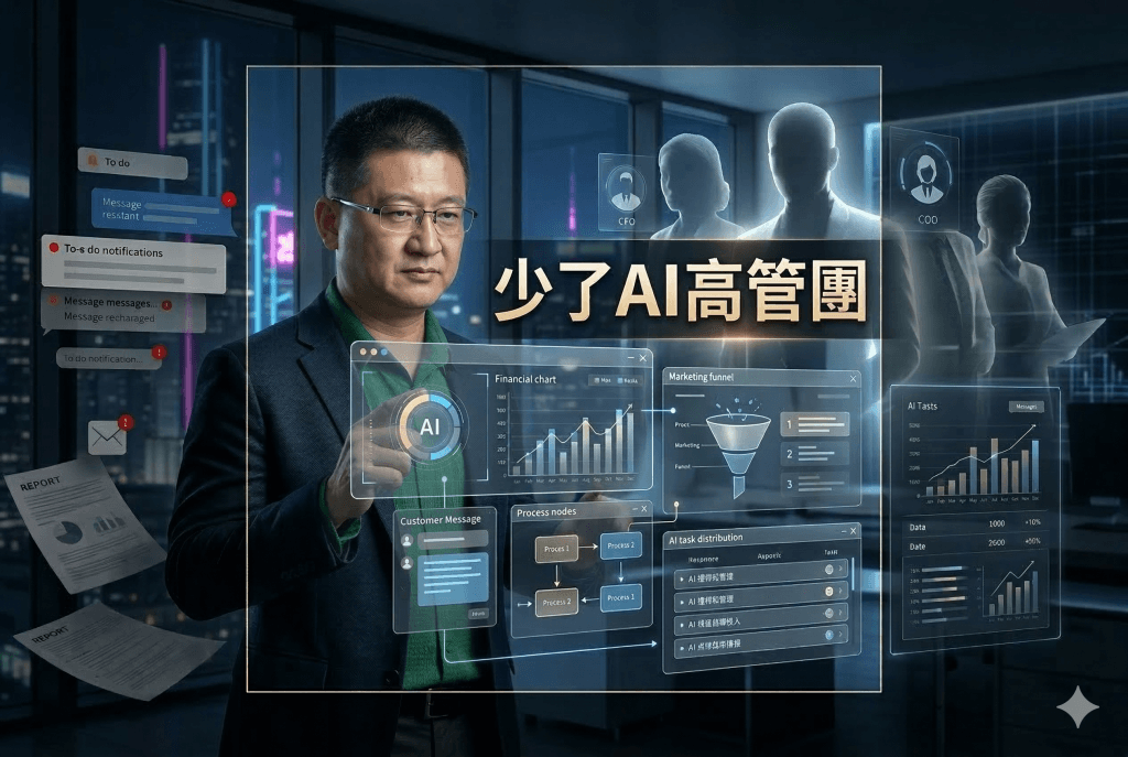 一位創業者站在未來感商業介面前，身旁浮現象徵財務、行銷與營運的 AI 高管團投影，畫面傳達從忙亂走向掌控的轉變。