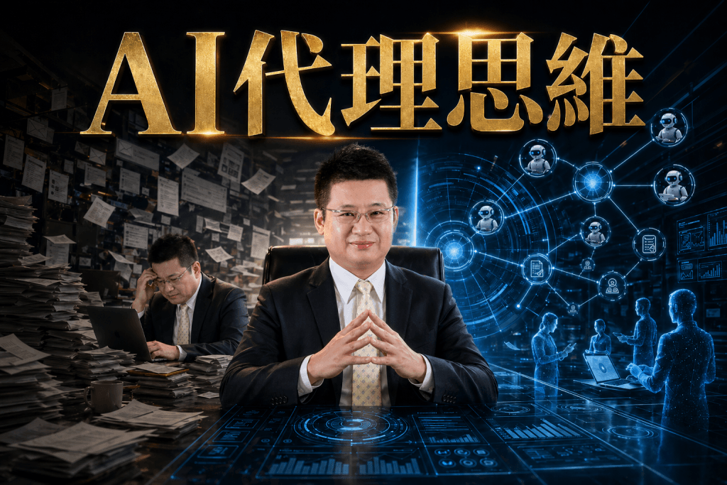 AI代理思維示意圖，鄭錦聰老師指揮AI數位軍團，從繁雜工作升級為系統化經營者