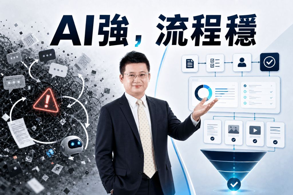 鄭錦聰以 AI 商業思維示範如何把混亂工具轉成穩定 AI 工作流，強調流程、邊界與驗收標準