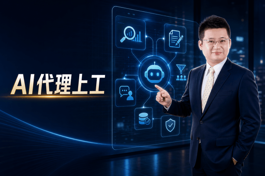 調度多個 AI 代理工作模組,象徵專家從親自執行升級為 AI 工作流指揮官"