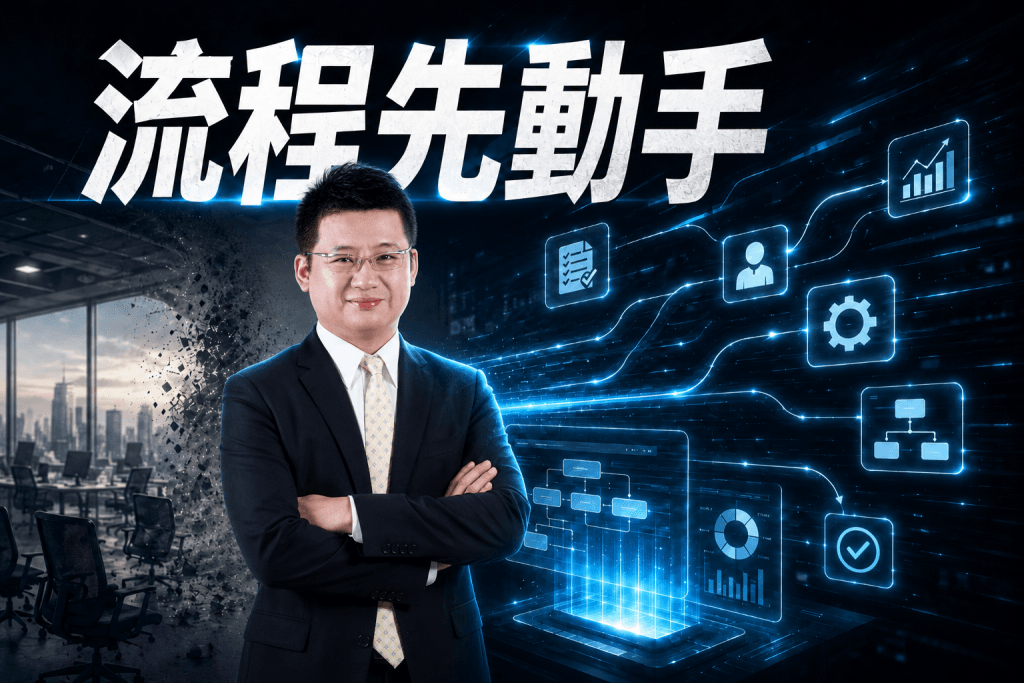 AI 商業思維導師站在未來感辦公室中，背景呈現流程自動化、數據圖表與 AI 工作流，畫面文字為「流程先動手」