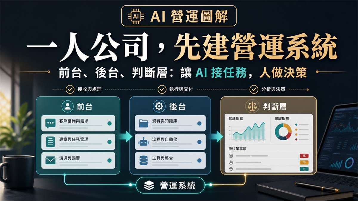 鄭錦聰老師說明一人公司如何用 AI 商業思維建立前台、後台與判斷層營運系統,讓 AI 接任務、人做決策