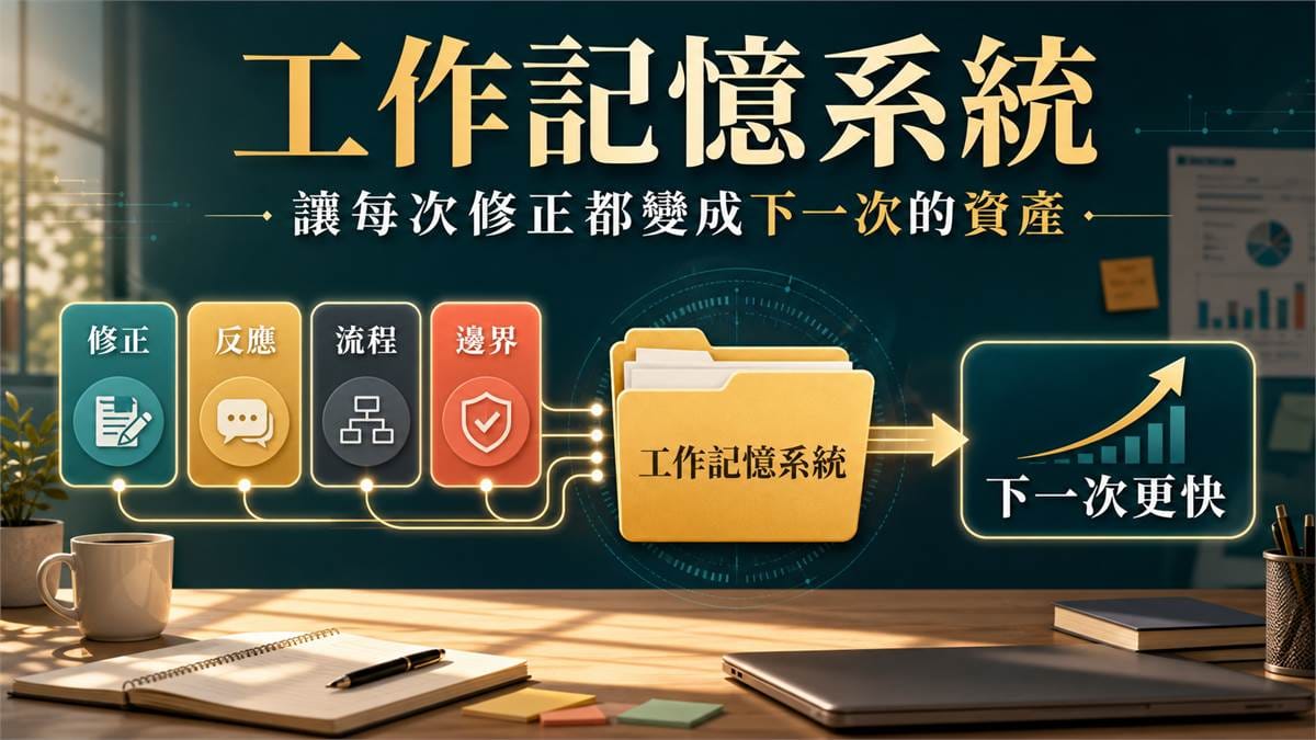 鄭錦聰老師說明真正會放大的不是 AI 工具，是你的工作記憶系統，搭配 AI 工作系統、權限邊界、驗收標準與升級回報流程圖示