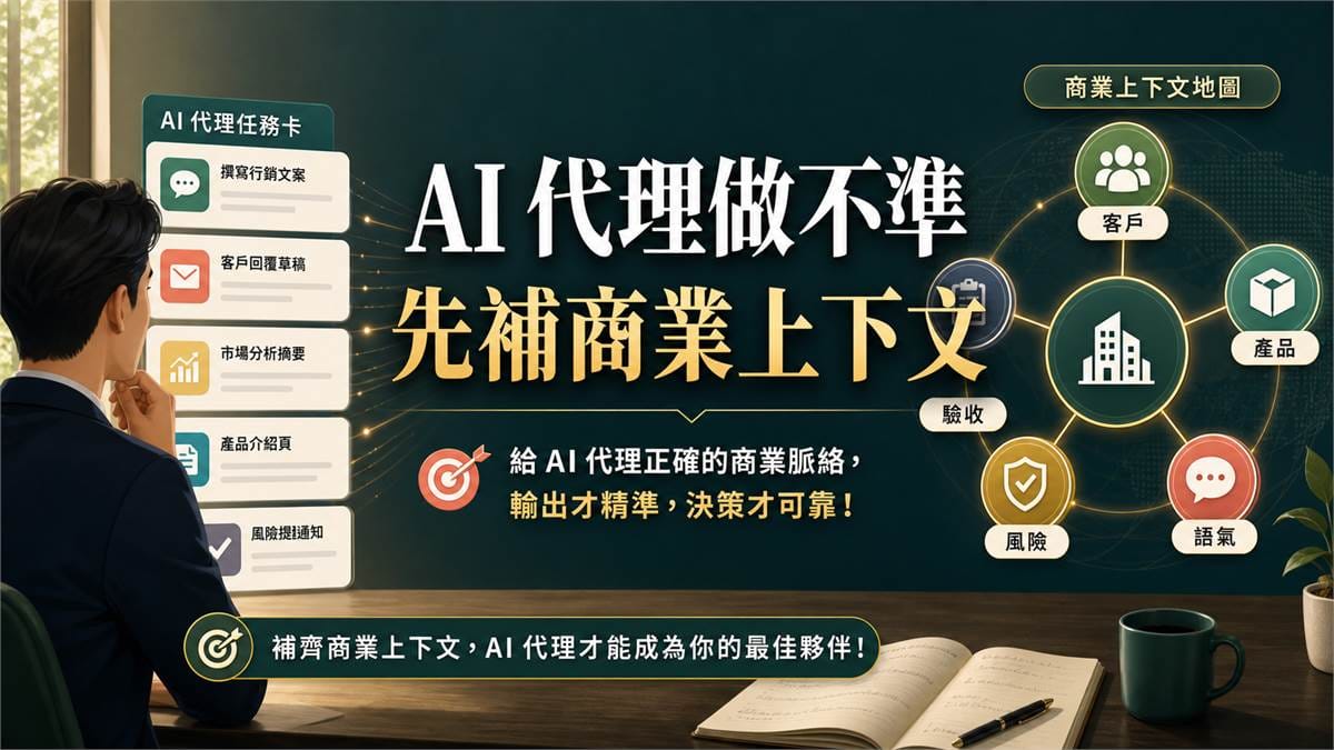 鄭錦聰老師說明AI 代理做不準，常常不是模型問題，是你的生意沒有被說清楚，搭配 AI 工作系統、權限邊界、驗收標準與升級回報流程圖示