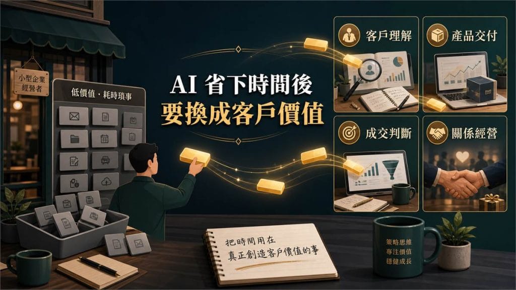 鄭錦聰老師說明AI 省下時間以後，你要把時間換成客戶價值，搭配 AI 工作系統、權限邊界、驗收標準與升級回報流程圖示