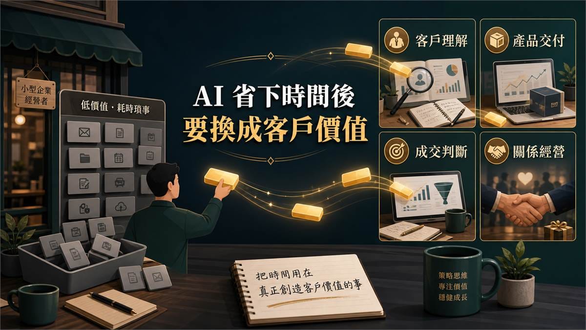 鄭錦聰老師說明AI 省下時間以後，你要把時間換成客戶價值，搭配 AI 工作系統、權限邊界、驗收標準與升級回報流程圖示