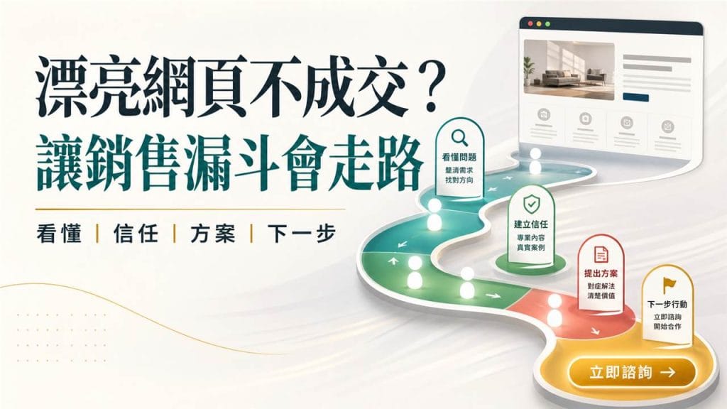 一張銷售漏斗路線圖，呈現陌生訪客從看懂問題、建立信任、理解方案、消除疑慮，到點擊單一行動按鈕的成交旅程。