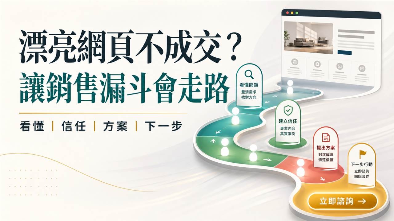 一張銷售漏斗路線圖,呈現陌生訪客從看懂問題、建立信任、理解方案、消除疑慮,到點擊單一行動按鈕的成交旅程。