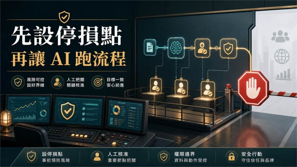 鄭錦聰老師說明AI 代理上線前，先把停損點寫清楚，搭配 AI 工作系統、權限邊界、驗收標準與升級回報流程圖示