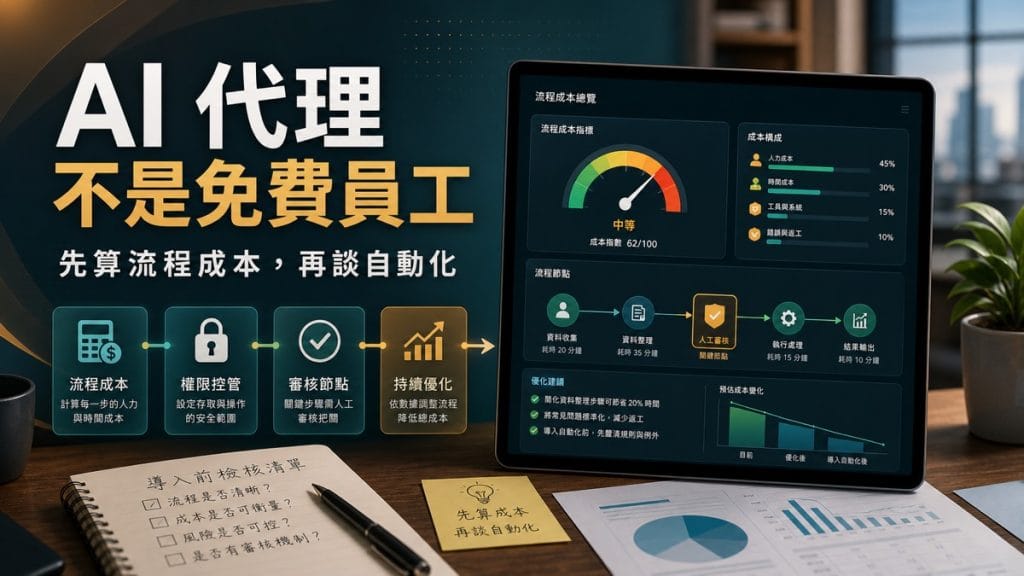 鄭錦聰老師說明中小企業導入 AI 代理前，為什麼要先算流程成本？，搭配 AI 工作系統、權限邊界、驗收標準與升級回報流程圖示