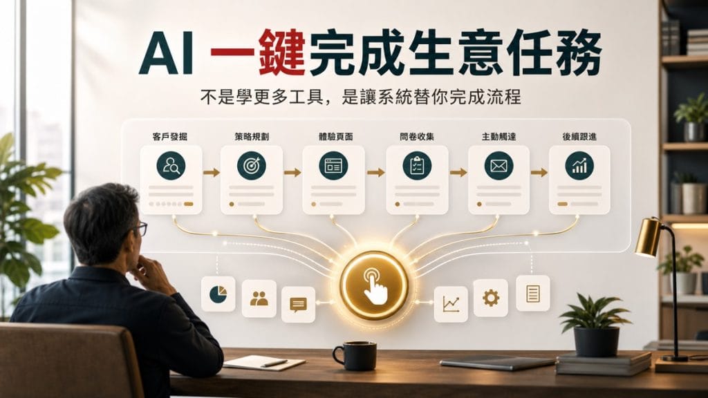 鄭錦聰老師說明AI 的下一步，不是學工具，是讓系統替你完成生意，搭配 AI 工作系統、權限邊界、驗收標準與升級回報流程圖示