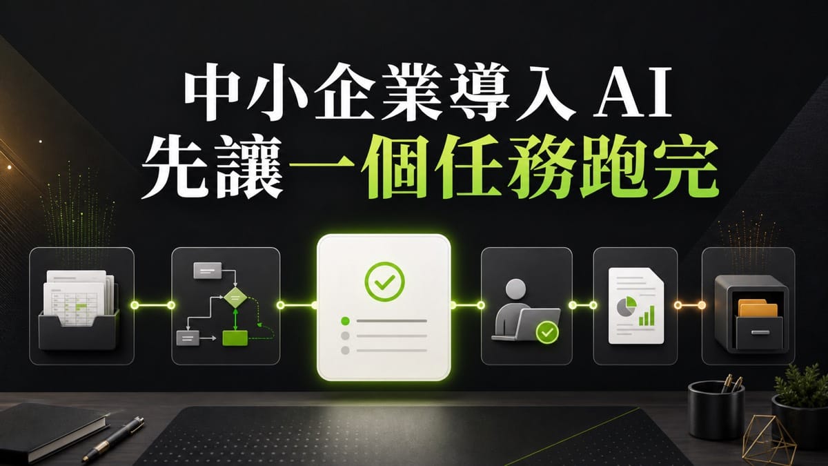 鄭錦聰老師說明中小企業導入 AI 為什麼一直停在試用？先把一個任務跑完，搭配 AI 工作系統、權限邊界、驗收標準與升級回報流程圖示