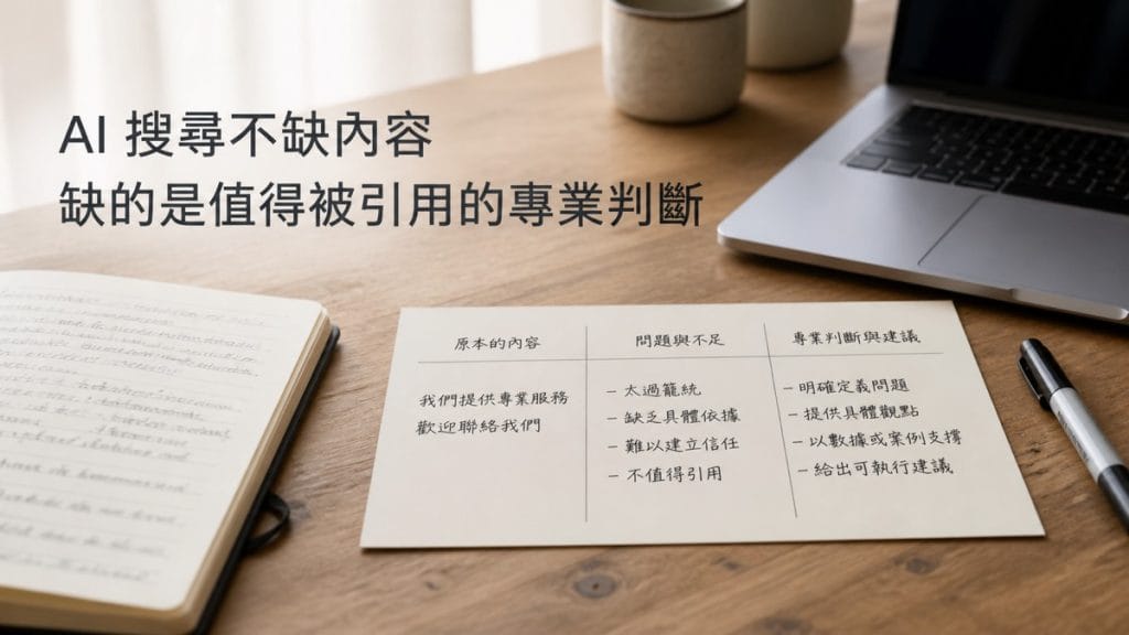 Google 已經說得很清楚：AI 搜尋不缺內容，缺的是值得被引用的專業判斷