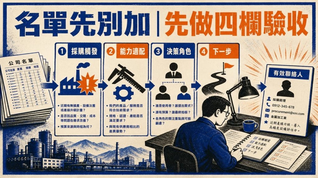 名單做了一大堆，為什麼還是找不到真正會買的製造業客戶？先做四欄驗收