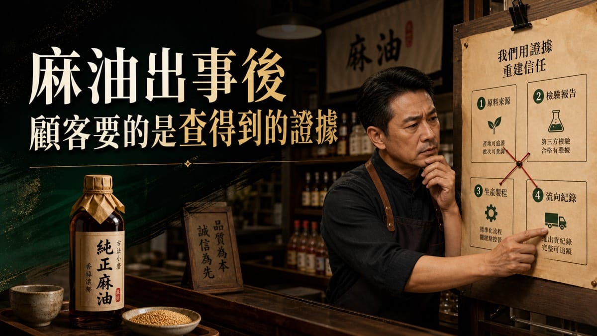 麻油出事後，顧客要的不是一句放心，而是查得到的證據