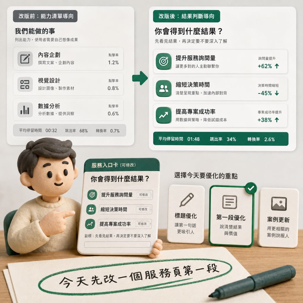 服務頁第一段要先寫你會什麼,還是客戶會得到什麼?